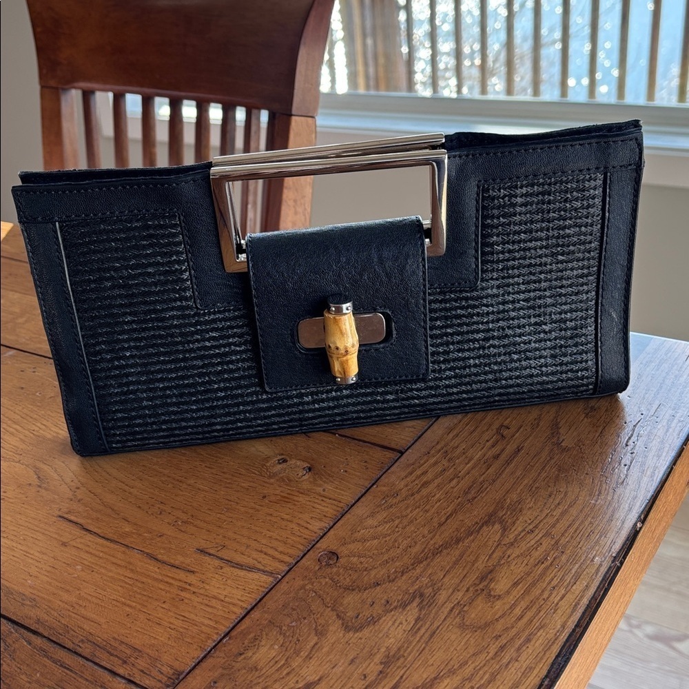 The Limited Black Leather and Woven Clutch Silver Tone Handle Toggle Close Bag - Picture 2 of 11